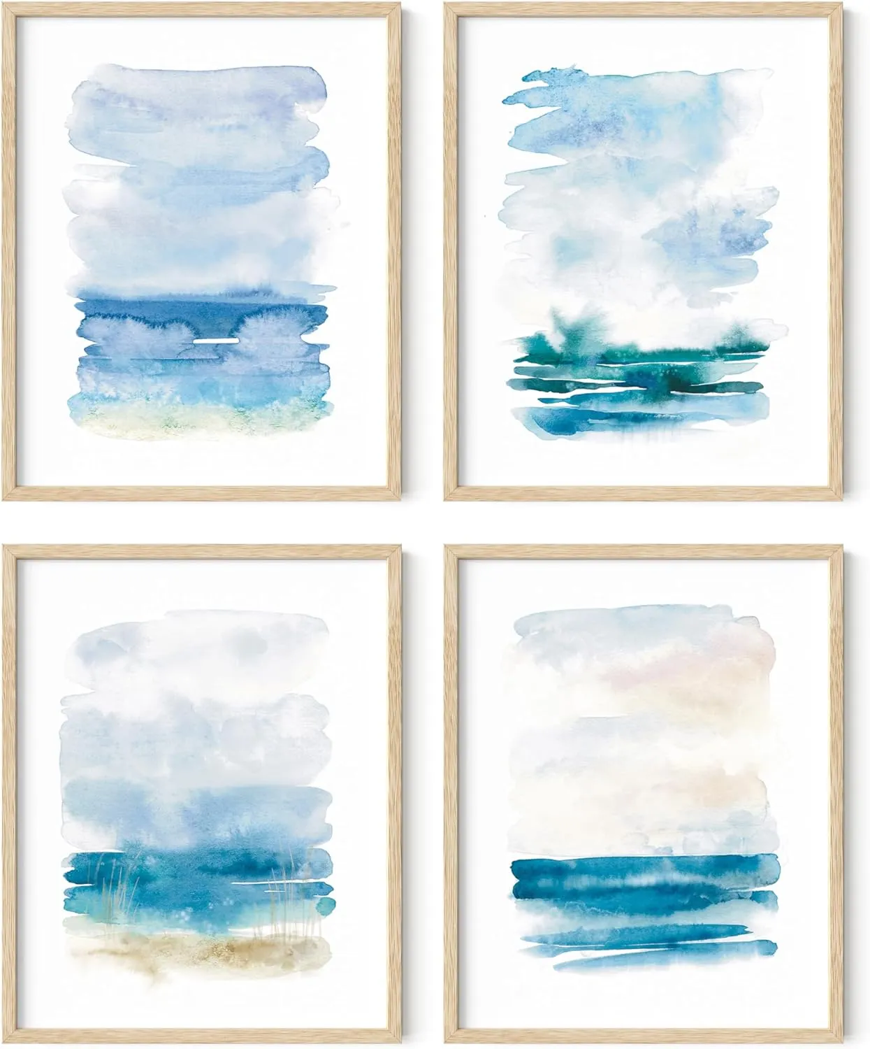 HAUS AND HUES Beach Poster Set of 4 – Abstract Ocean Prints, Nature Wall Art, Coastal Beach Scene Posters, Blue Watercolor Decor (Unframed, 11x14)