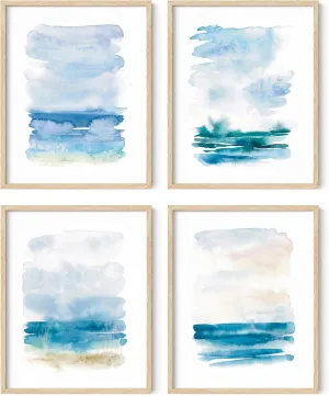 HAUS AND HUES Beach Poster Set of 4 – Abstract Ocean Prints, Nature Wall Art, Coastal Beach Scene Posters, Blue Watercolor Decor (Unframed, 11x14)