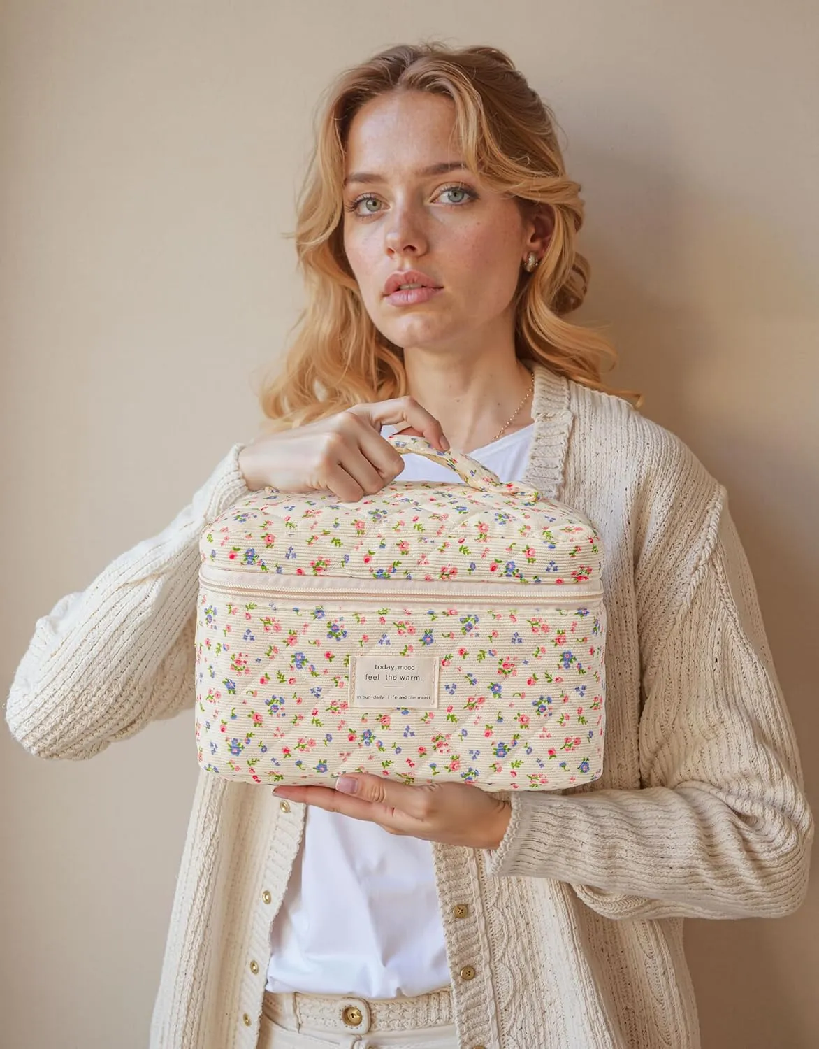 HBselect Quilted Makeup Bag, 3PCS Cotton Large Travel Makeup Bag, Cute Floral Coquette Make up Bag Cosmetic Bag Toiletry Bag for Women Girls