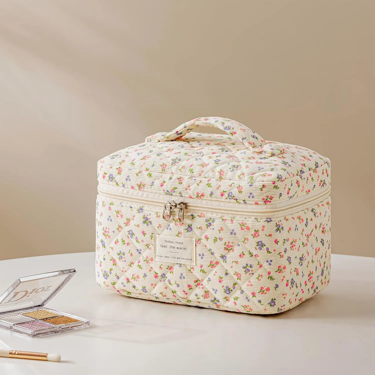 HBselect Quilted Makeup Bag, 3PCS Cotton Large Travel Makeup Bag, Cute Floral Coquette Make up Bag Cosmetic Bag Toiletry Bag for Women Girls