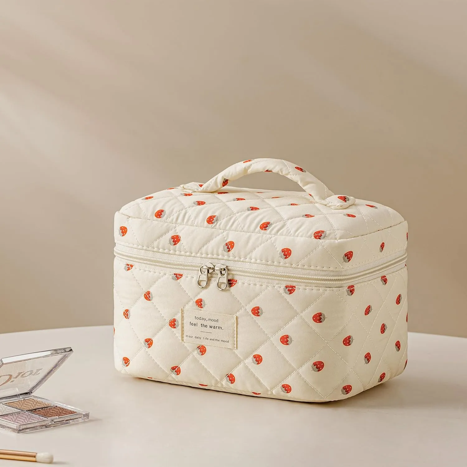 HBselect Quilted Makeup Bag, 3PCS Cotton Large Travel Makeup Bag, Cute Floral Coquette Make up Bag Cosmetic Bag Toiletry Bag for Women Girls