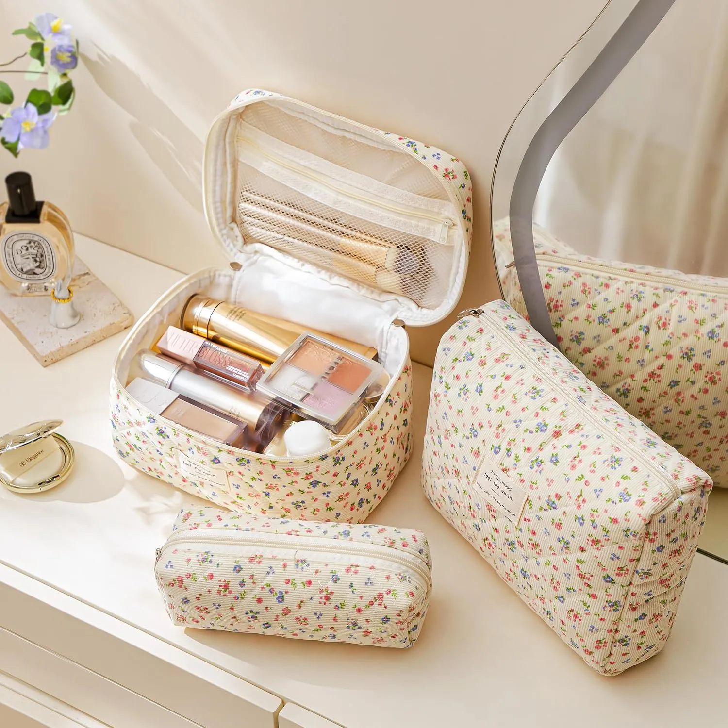 HBselect Quilted Makeup Bag, 3PCS Cotton Large Travel Makeup Bag, Cute Floral Coquette Make up Bag Cosmetic Bag Toiletry Bag for Women Girls