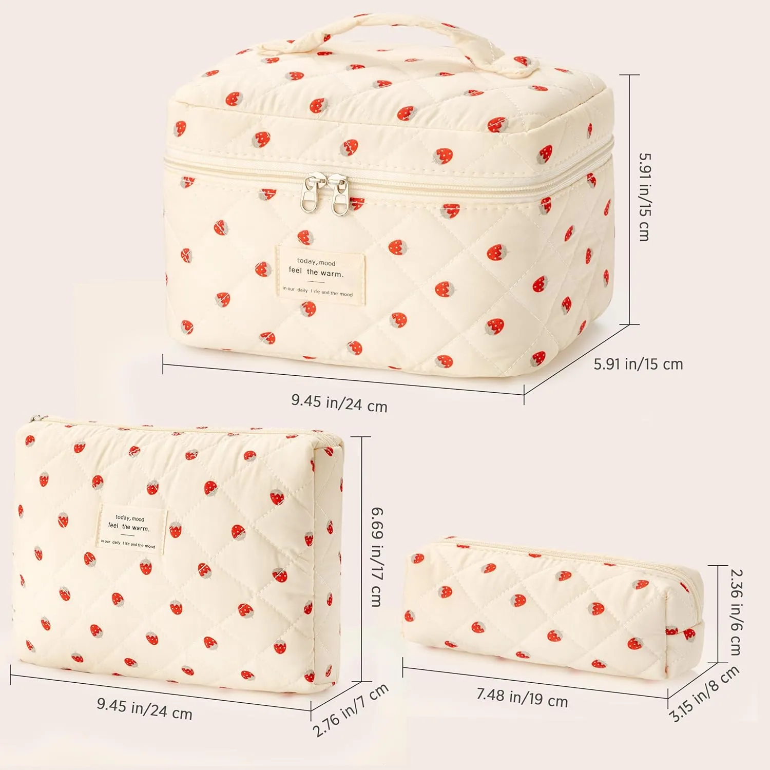 HBselect Quilted Makeup Bag, 3PCS Cotton Large Travel Makeup Bag, Cute Floral Coquette Make up Bag Cosmetic Bag Toiletry Bag for Women Girls