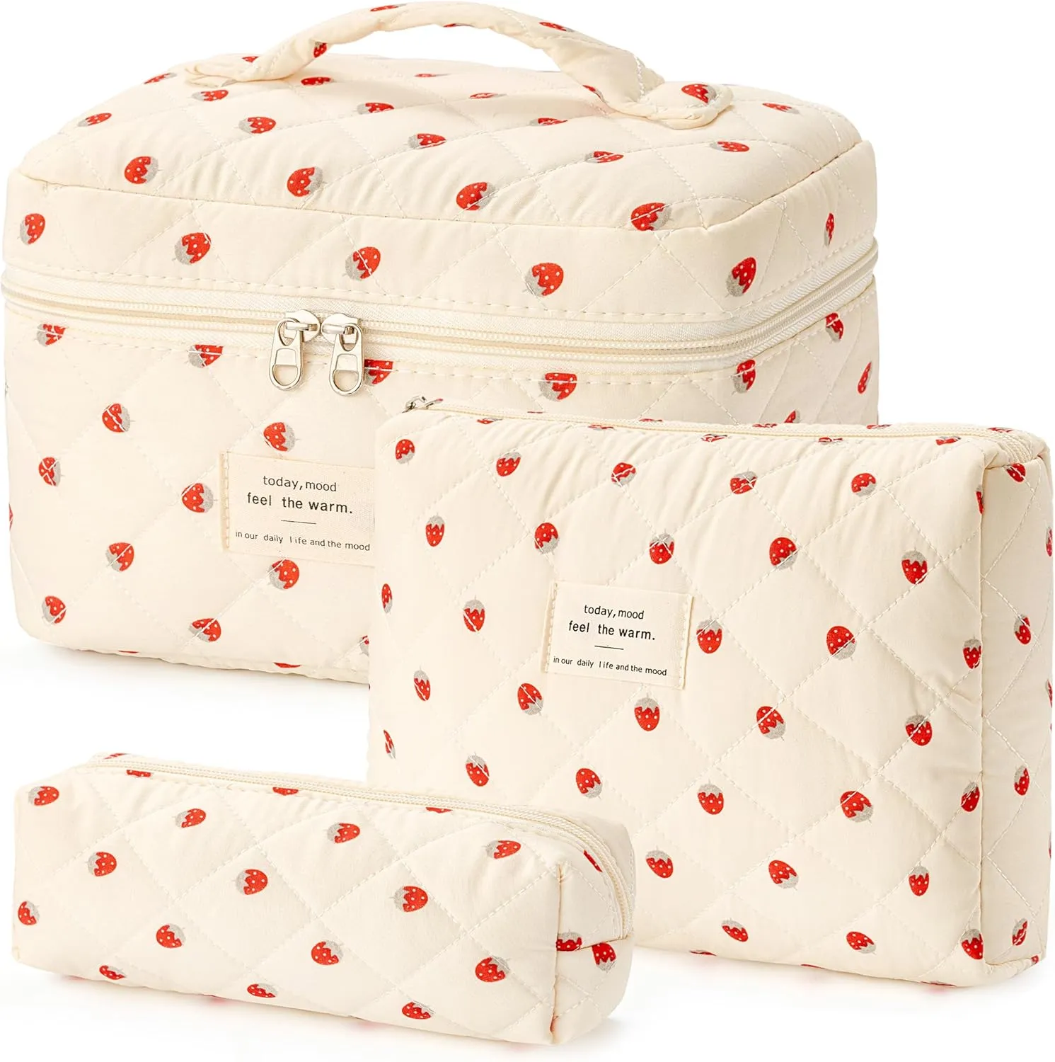 HBselect Quilted Makeup Bag, 3PCS Cotton Large Travel Makeup Bag, Cute Floral Coquette Make up Bag Cosmetic Bag Toiletry Bag for Women Girls