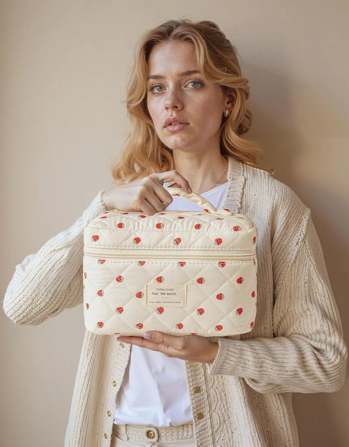 HBselect Quilted Makeup Bag, 3PCS Cotton Large Travel Makeup Bag, Cute Floral Coquette Make up Bag Cosmetic Bag Toiletry Bag for Women Girls