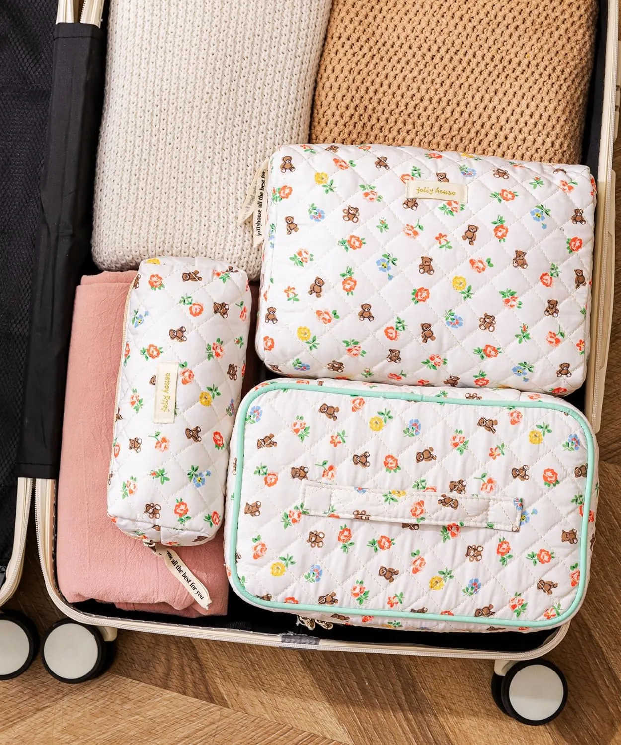 HBselect Quilted Makeup Bag, 3PCS Cotton Large Travel Makeup Bag, Cute Floral Coquette Make up Bag Cosmetic Bag Toiletry Bag for Women Girls