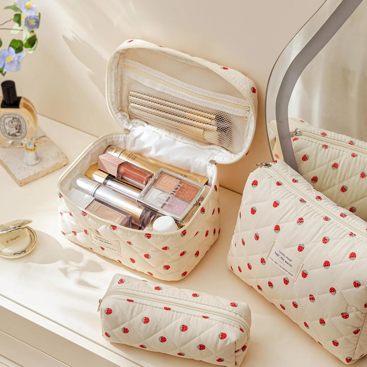 HBselect Quilted Makeup Bag, 3PCS Cotton Large Travel Makeup Bag, Cute Floral Coquette Make up Bag Cosmetic Bag Toiletry Bag for Women Girls