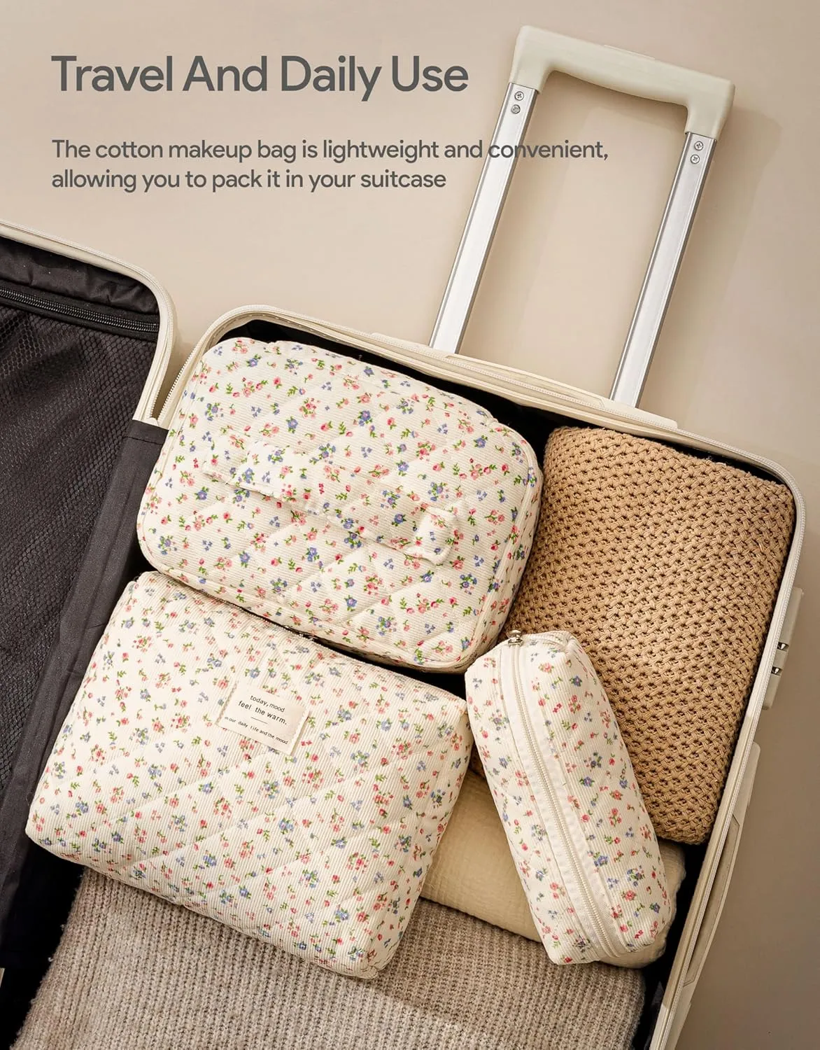 HBselect Quilted Makeup Bag, 3PCS Cotton Large Travel Makeup Bag, Cute Floral Coquette Make up Bag Cosmetic Bag Toiletry Bag for Women Girls