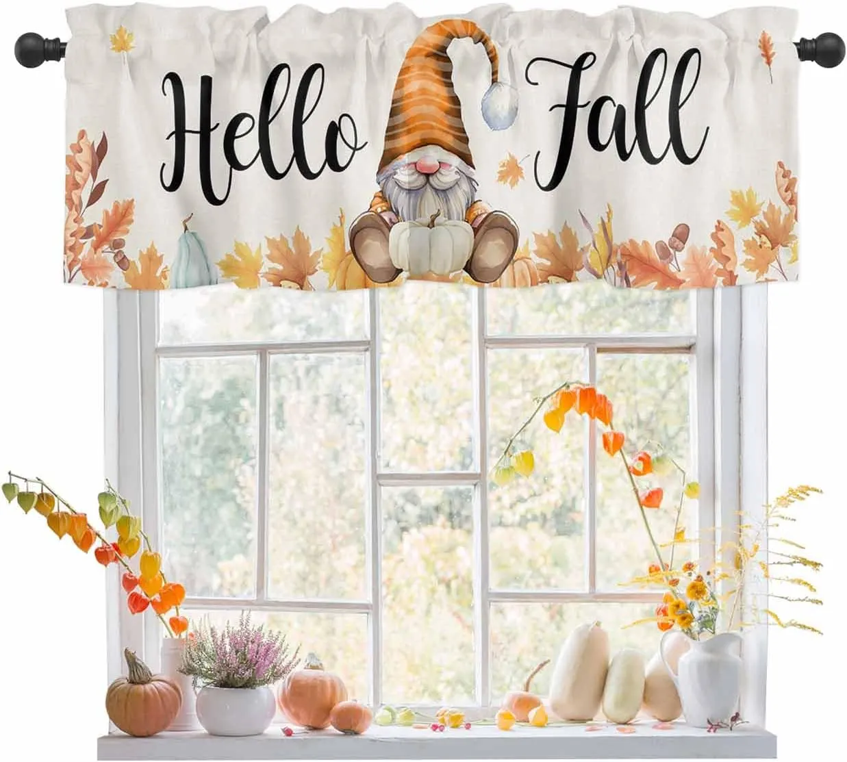 Hello Fall Gnomes Curtain Valance for Windows/Living Room/Kitchen/Bathroom, Thanksgiving Orange White Blue Pumpkin Maple Leaf Watercolor Short Half Rod Pocket Curtain Window Treatment Panel 54x18