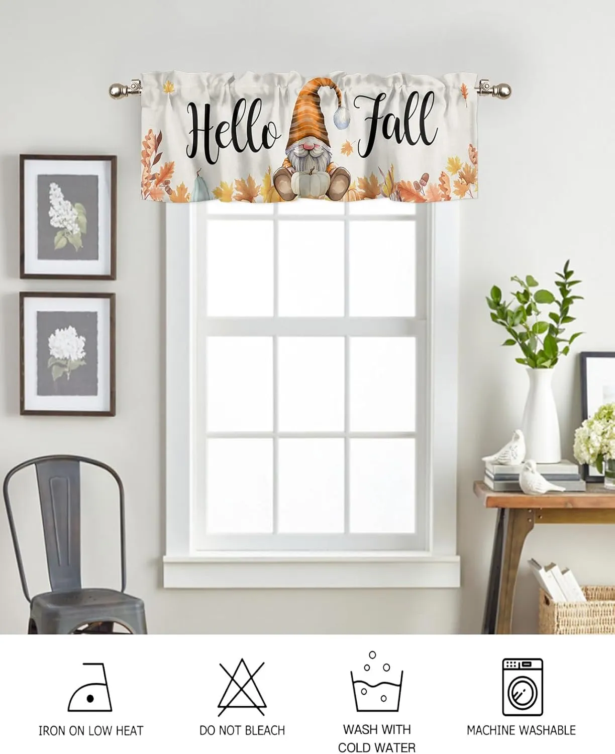 Hello Fall Gnomes Curtain Valance for Windows/Living Room/Kitchen/Bathroom, Thanksgiving Orange White Blue Pumpkin Maple Leaf Watercolor Short Half Rod Pocket Curtain Window Treatment Panel 54x18
