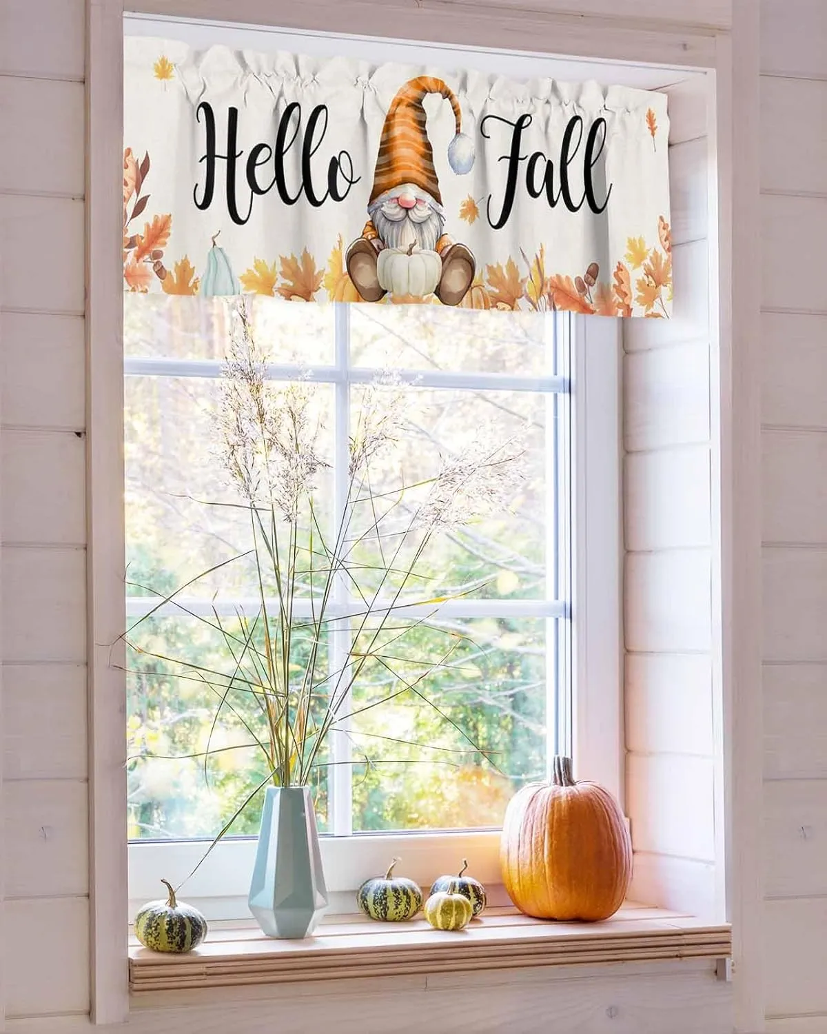Hello Fall Gnomes Curtain Valance for Windows/Living Room/Kitchen/Bathroom, Thanksgiving Orange White Blue Pumpkin Maple Leaf Watercolor Short Half Rod Pocket Curtain Window Treatment Panel 54x18