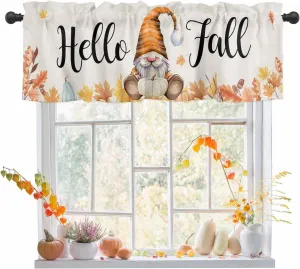 Hello Fall Gnomes Curtain Valance for Windows/Living Room/Kitchen/Bathroom, Thanksgiving Orange White Blue Pumpkin Maple Leaf Watercolor Short Half Rod Pocket Curtain Window Treatment Panel 54x18