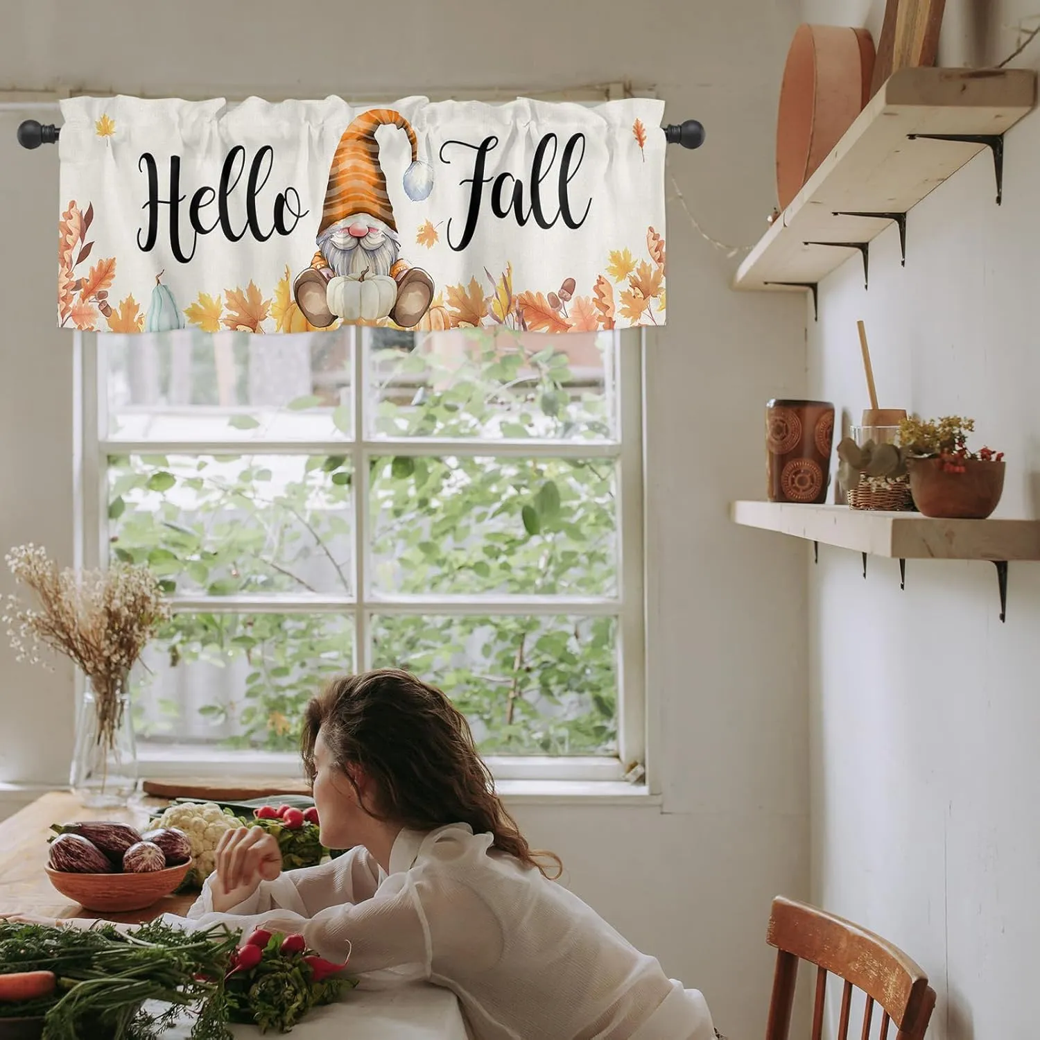 Hello Fall Gnomes Curtain Valance for Windows/Living Room/Kitchen/Bathroom, Thanksgiving Orange White Blue Pumpkin Maple Leaf Watercolor Short Half Rod Pocket Curtain Window Treatment Panel 54x18