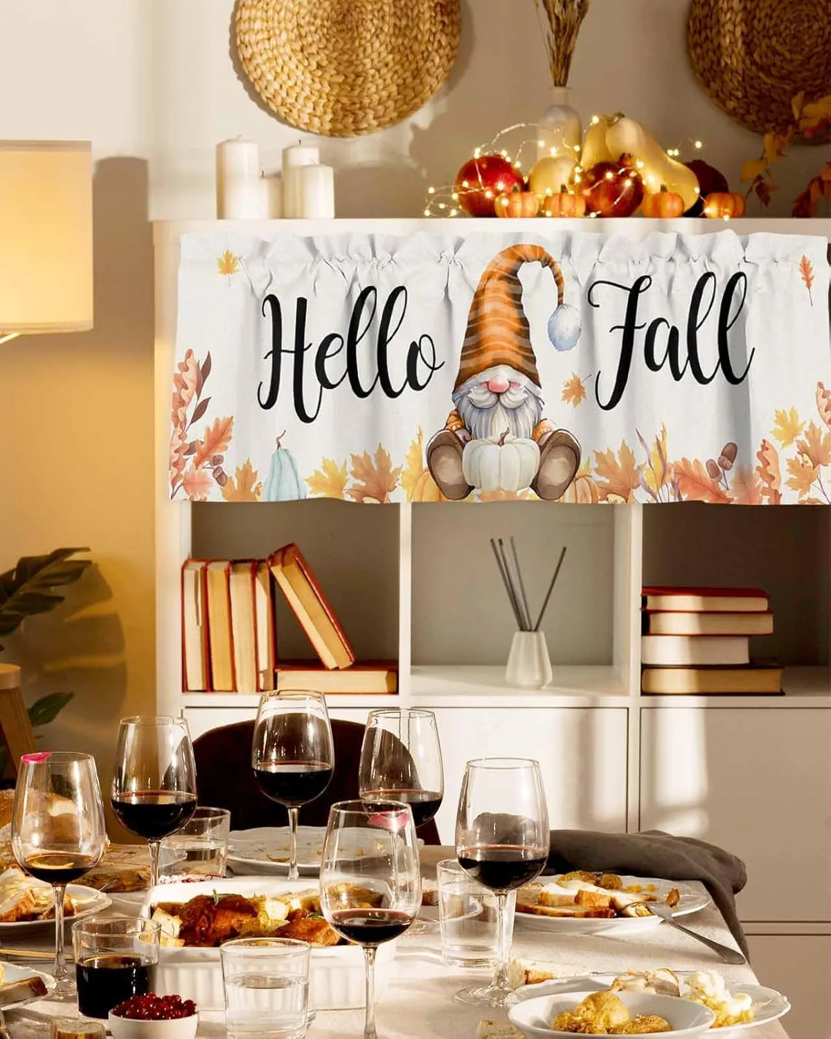 Hello Fall Gnomes Curtain Valance for Windows/Living Room/Kitchen/Bathroom, Thanksgiving Orange White Blue Pumpkin Maple Leaf Watercolor Short Half Rod Pocket Curtain Window Treatment Panel 54x18