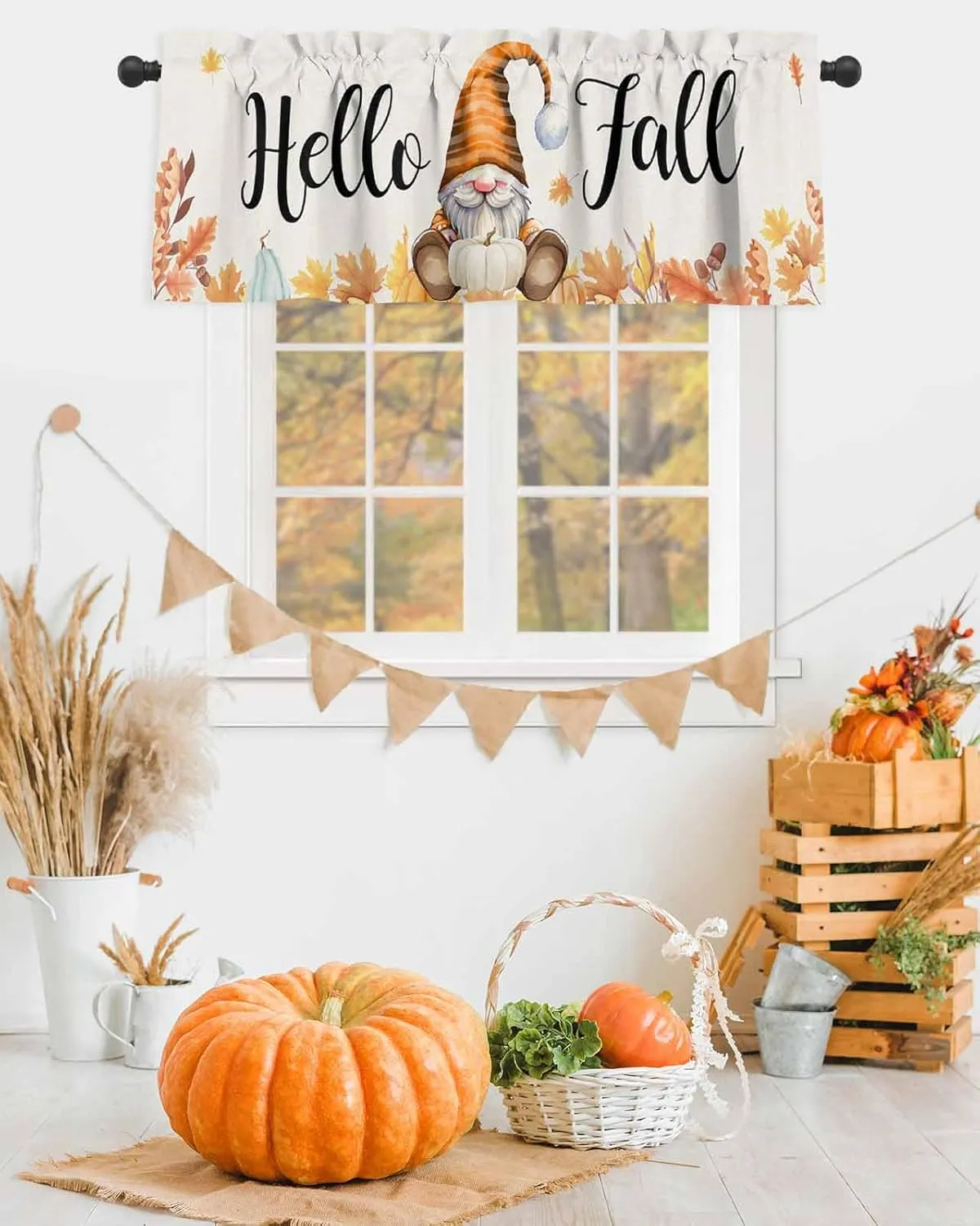 Hello Fall Gnomes Curtain Valance for Windows/Living Room/Kitchen/Bathroom, Thanksgiving Orange White Blue Pumpkin Maple Leaf Watercolor Short Half Rod Pocket Curtain Window Treatment Panel 54x18