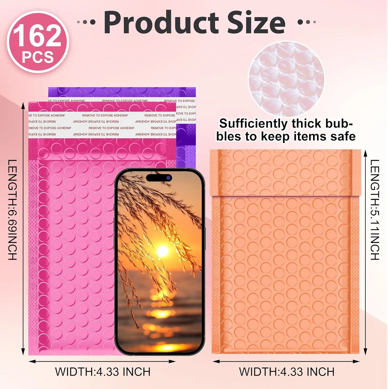 Henoyso 162 Pcs Colored Small Bubble Mailers 4x6 Inch Poly Shipping Envelopes Bulk Adhesive Jewelry Shipping Bags Cushioning Padded for Mailing Packaging(Purple, Orange, Rose Red)