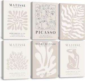 Henri Matisse Wall Art Prints Flower Abstract Canvas Pictures Aesthetic Beige Wall Art Decor Matisse Picasso Poster Gallery Vintage Painting Artwork for Bedroom 8x10 Inch Set of 6 Ready to Hang