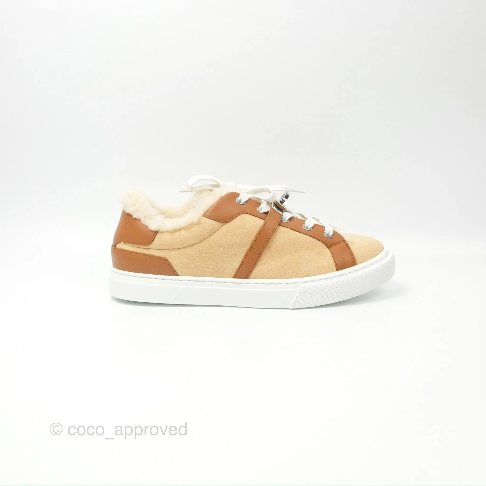 Hermès Day Sneakers Beige Palomino / Naturel Shearling Suede Size 39