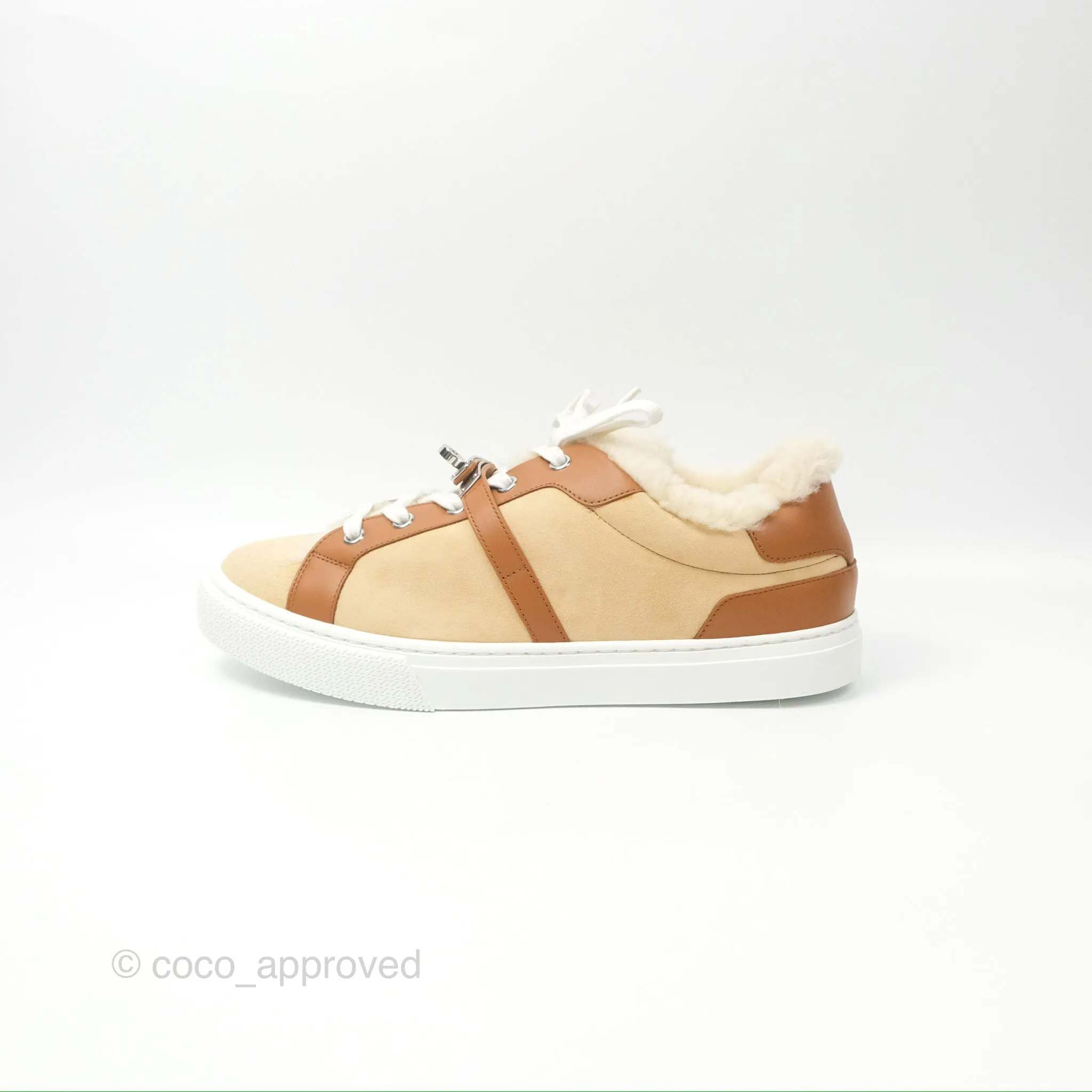 Hermès Day Sneakers Beige Palomino / Naturel Shearling Suede Size 39
