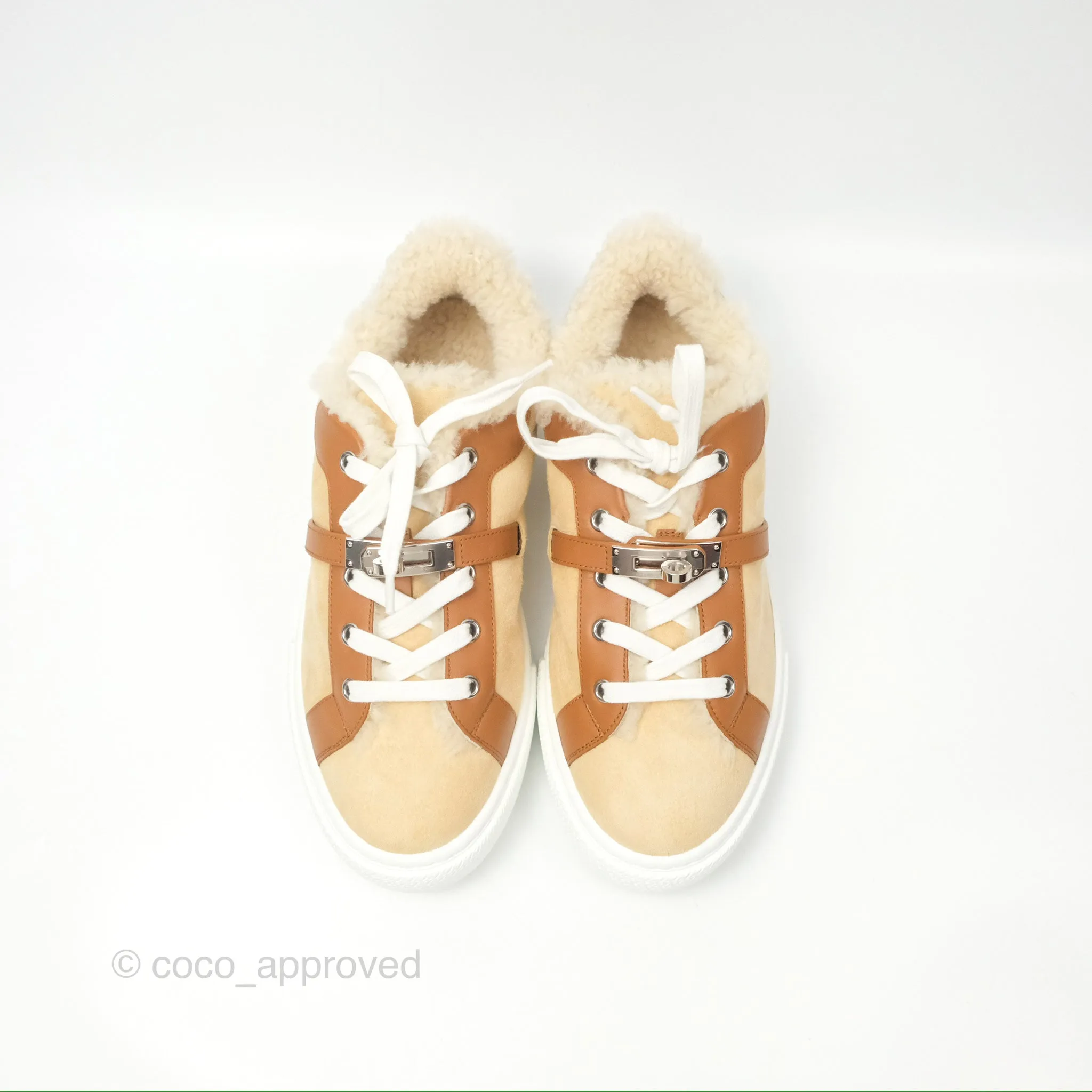 Hermès Day Sneakers Beige Palomino / Naturel Shearling Suede Size 39