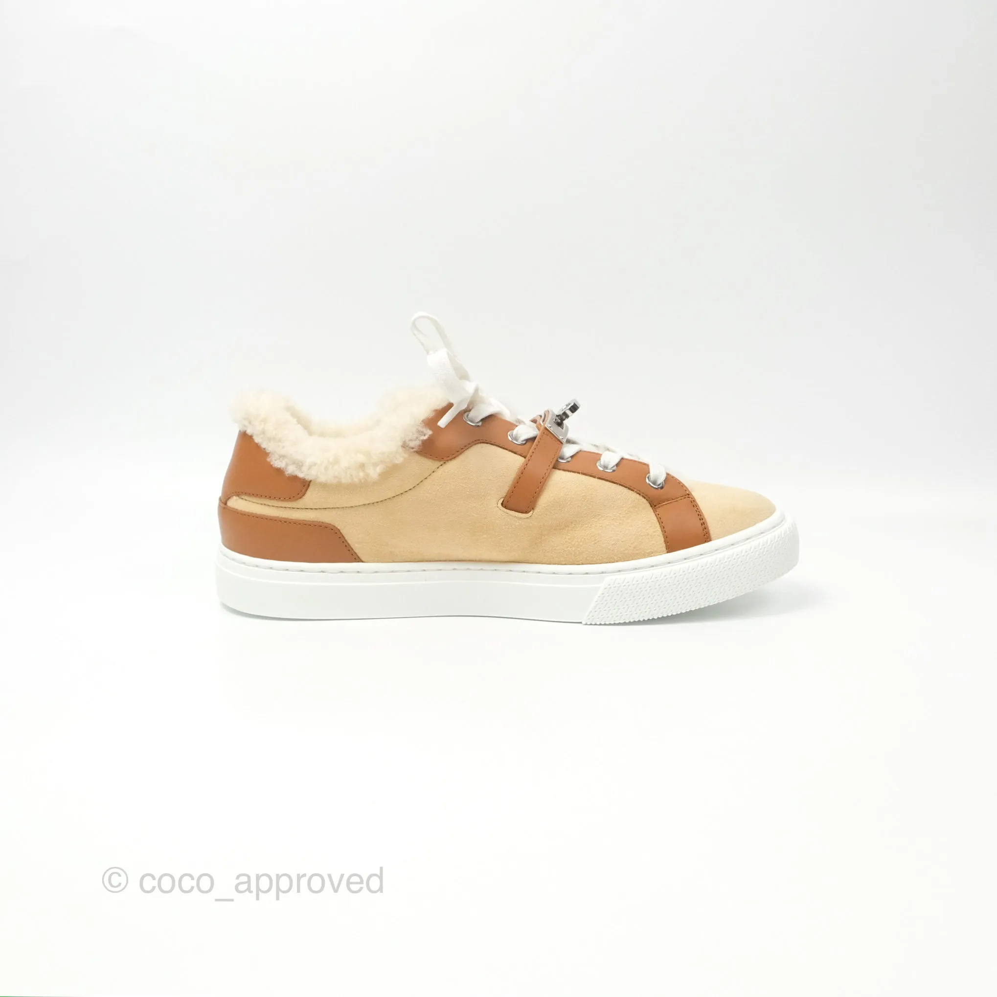 Hermès Day Sneakers Beige Palomino / Naturel Shearling Suede Size 39