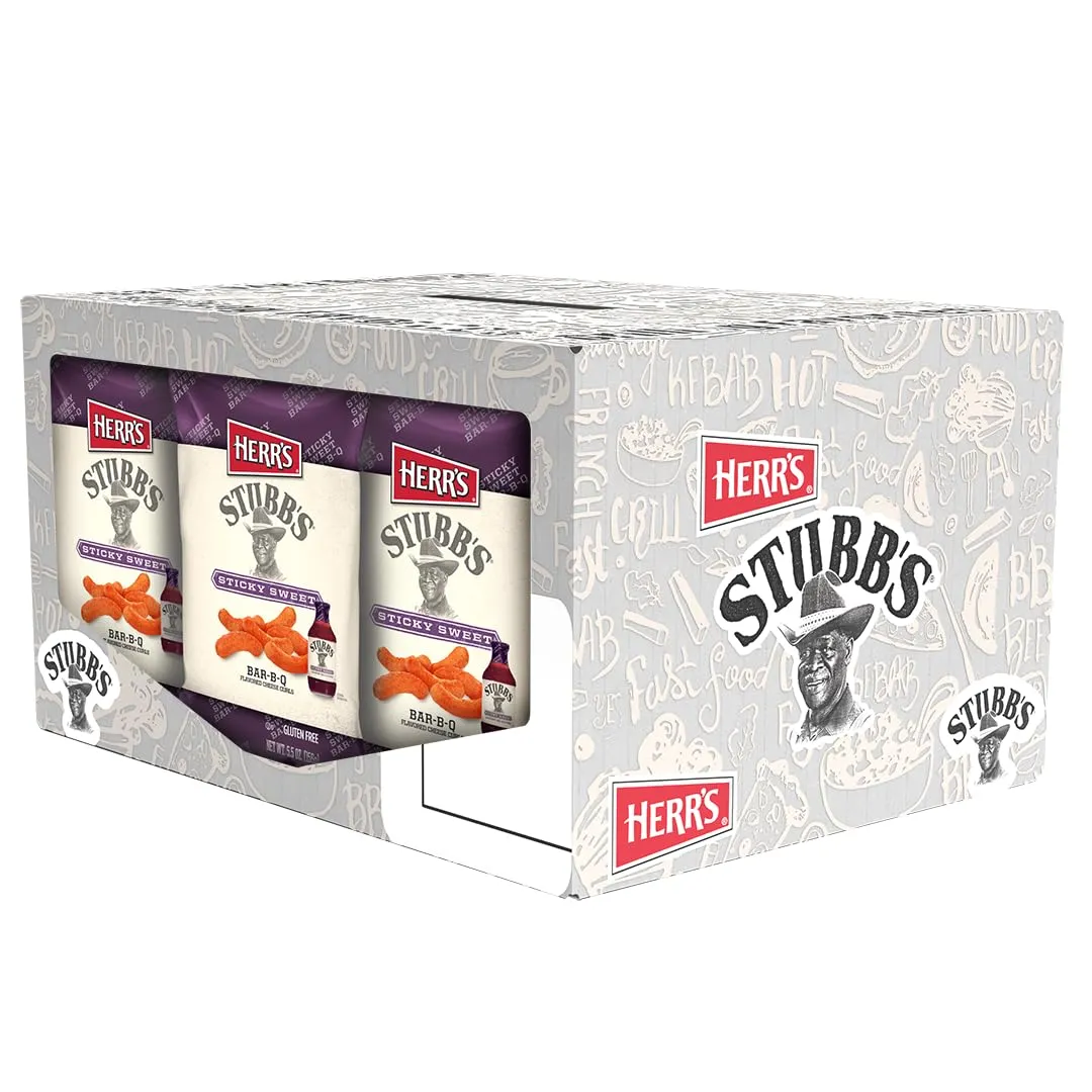 Herr's Stubb's Sticky Sweet BAR-B-Q Cheese Curls, 5.5 Ounce (Pack of 12 Bags) – Sweet and Smoky BBQ Cheese Curls Inspired by Stubb's – Perfect for Cookouts and Game Days