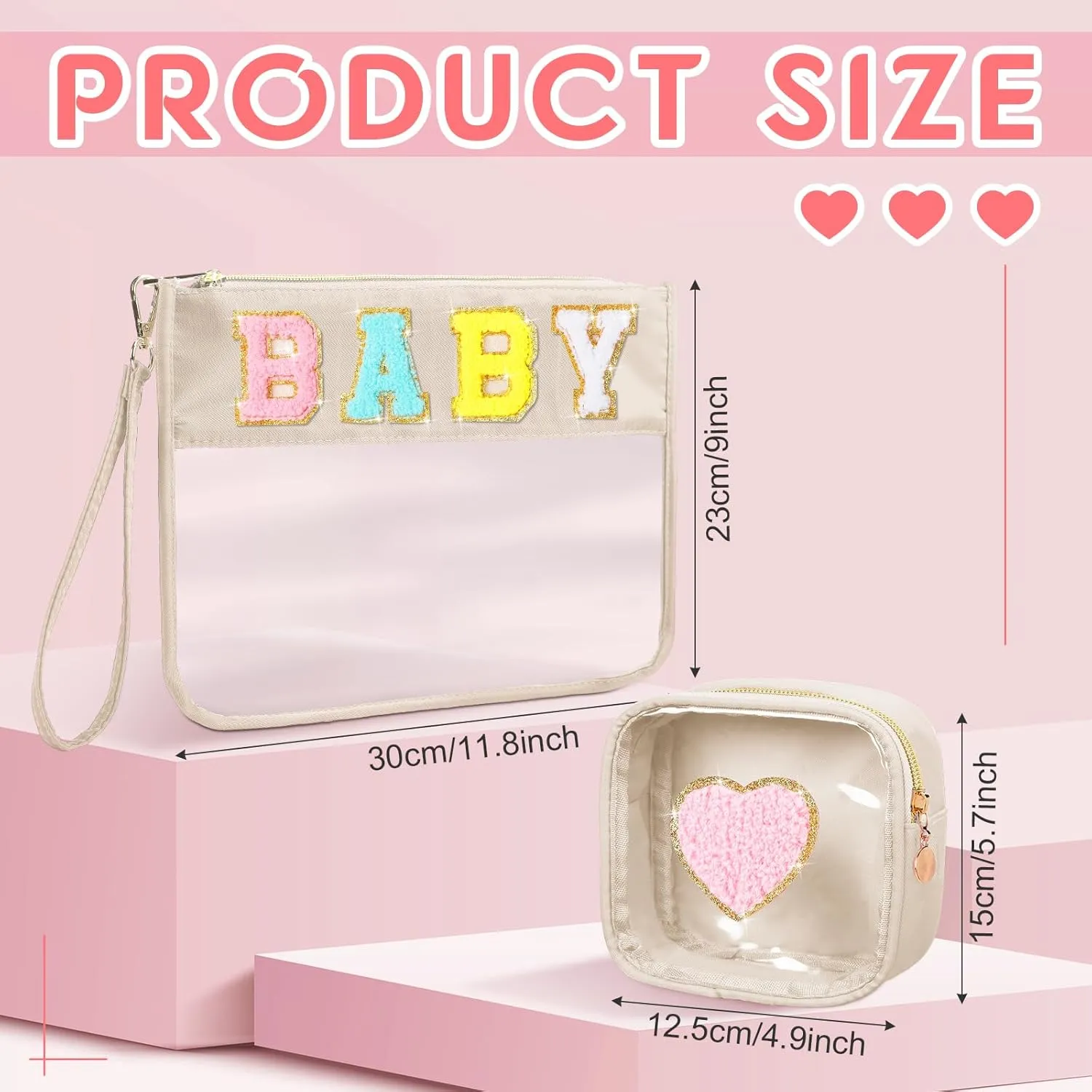 Hillban 2 Pcs Baby Bag Set Chenille Letter Bags Preppy Patch Makeup Pouch Baby Travel Pouch Waterproof Portable Toiletry Storage for Women Mom