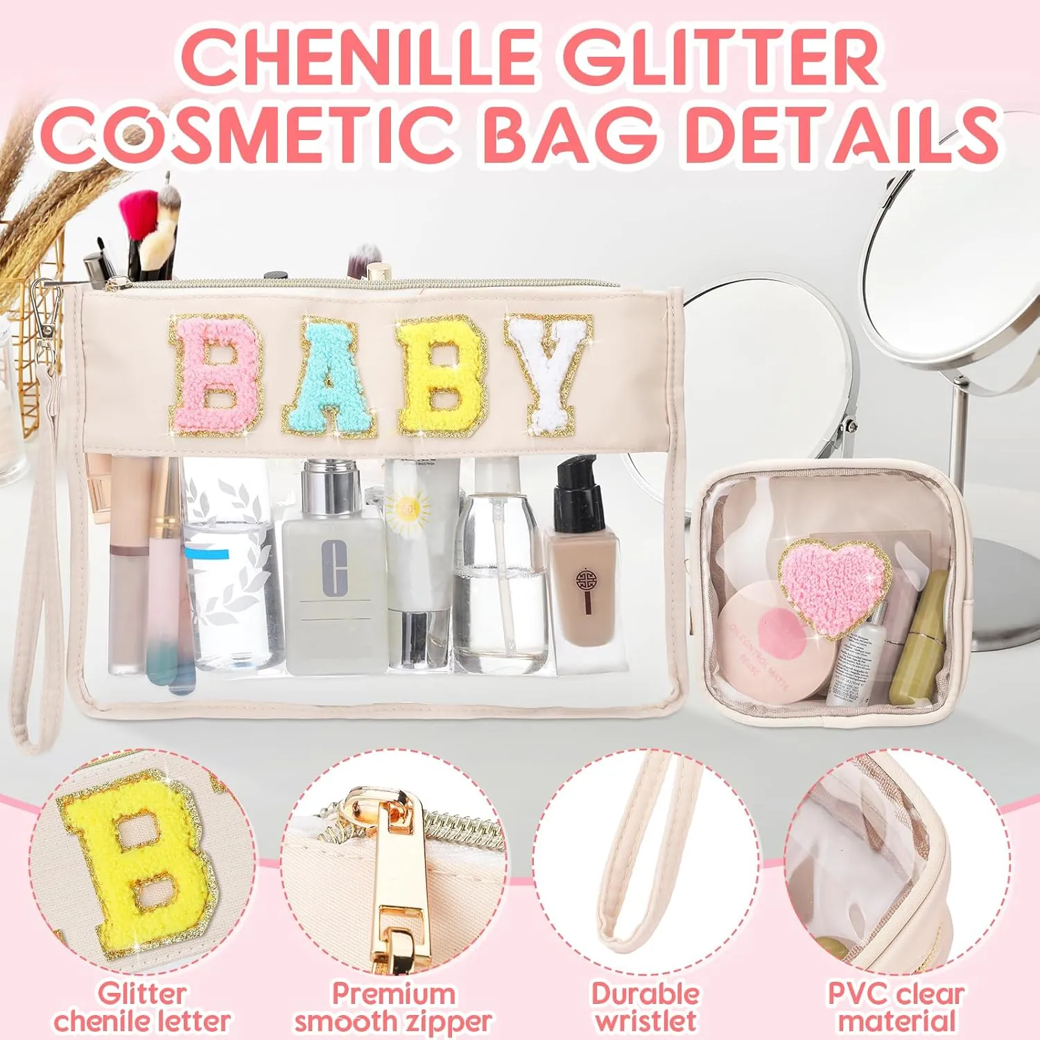 Hillban 2 Pcs Baby Bag Set Chenille Letter Bags Preppy Patch Makeup Pouch Baby Travel Pouch Waterproof Portable Toiletry Storage for Women Mom