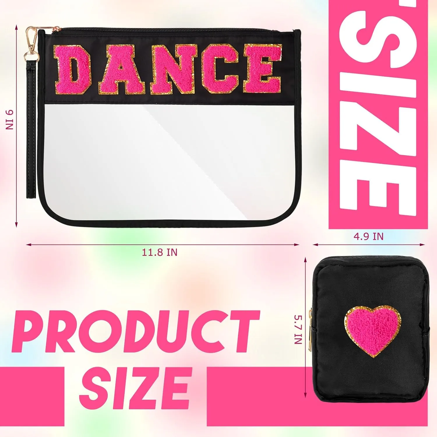 Hillban 2 Pcs Dance Recital Gifts Clear Makeup Bag Chenille Letter Patch Cosmetic Bag Dance Competition Gift Toiletry Pouches with Zipper Waterproof Travel Purse for Team Teacher Appreciation