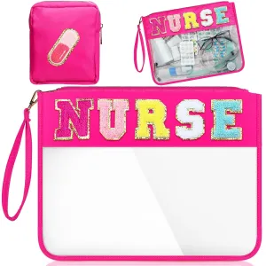 Hillban 2 Pcs Nurse Makeup Cosmetic Bag Nurse Appreciation Week Gift for Women Clear Chenille Letter Bag Toiletry Zipper Pouch Waterproof Travel Purse Survival Kit Storage Organizer Accessories