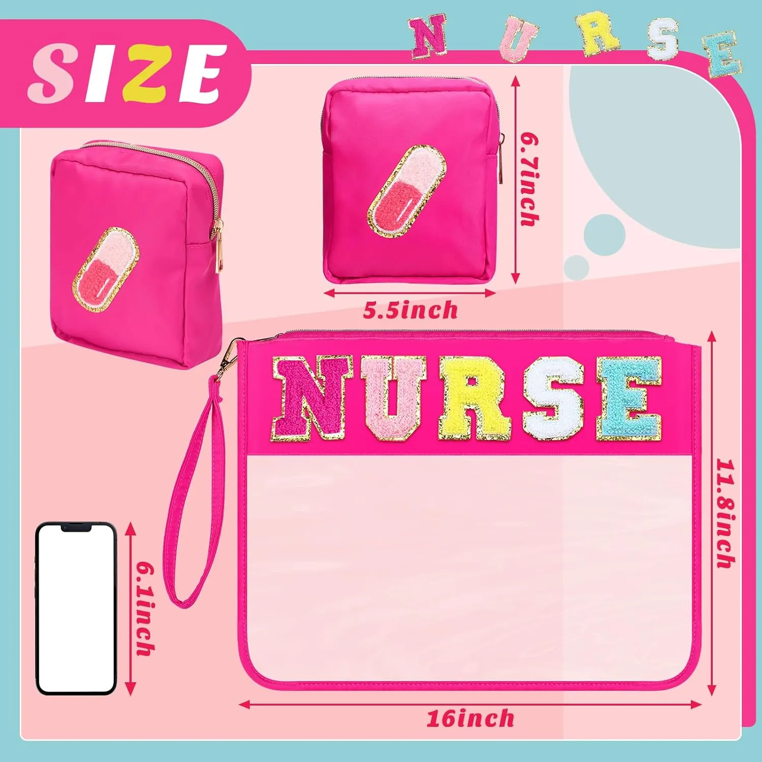 Hillban 2 Pcs Nurse Makeup Cosmetic Bag Nurse Appreciation Week Gift for Women Clear Chenille Letter Bag Toiletry Zipper Pouch Waterproof Travel Purse Survival Kit Storage Organizer Accessories