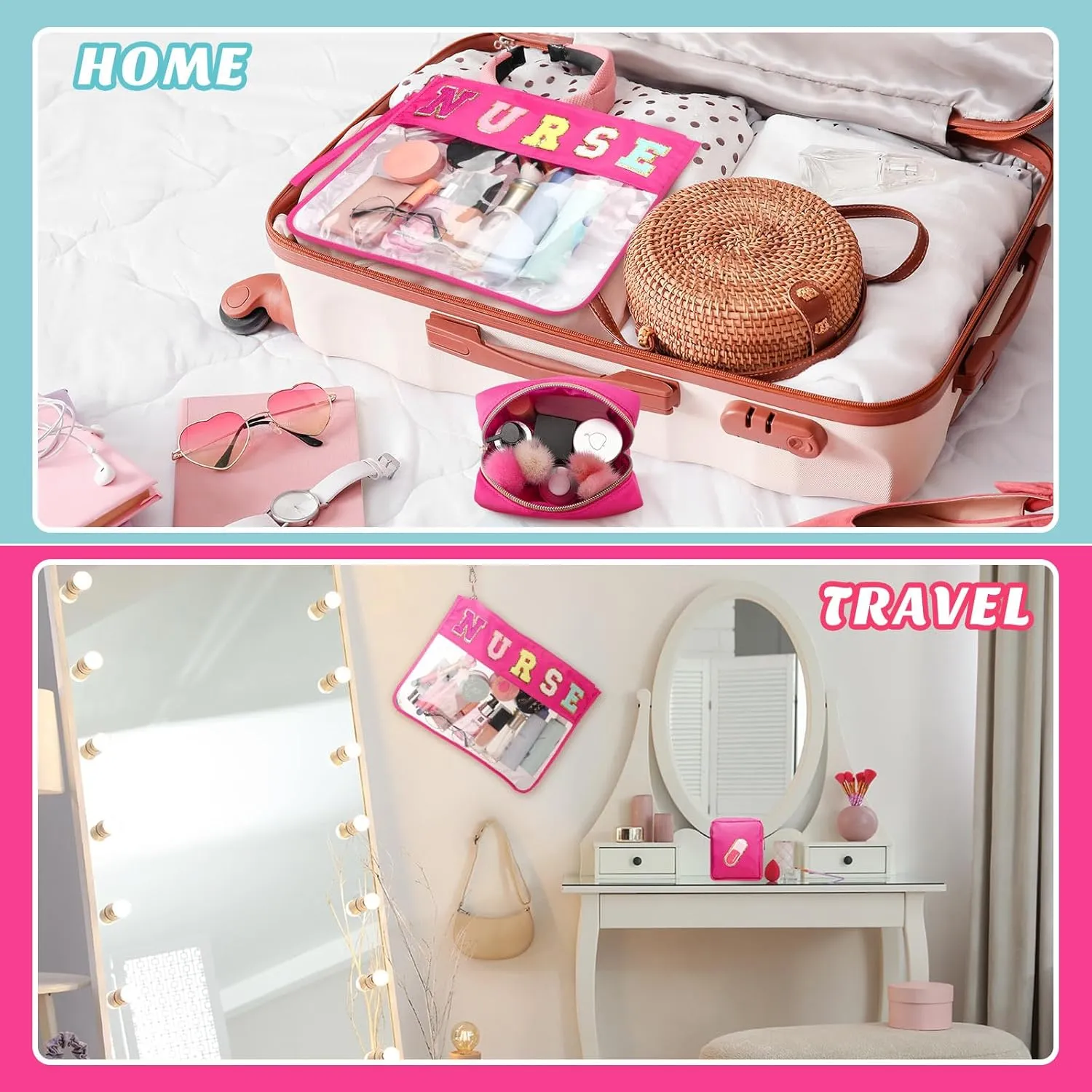 Hillban 2 Pcs Nurse Makeup Cosmetic Bag Nurse Appreciation Week Gift for Women Clear Chenille Letter Bag Toiletry Zipper Pouch Waterproof Travel Purse Survival Kit Storage Organizer Accessories