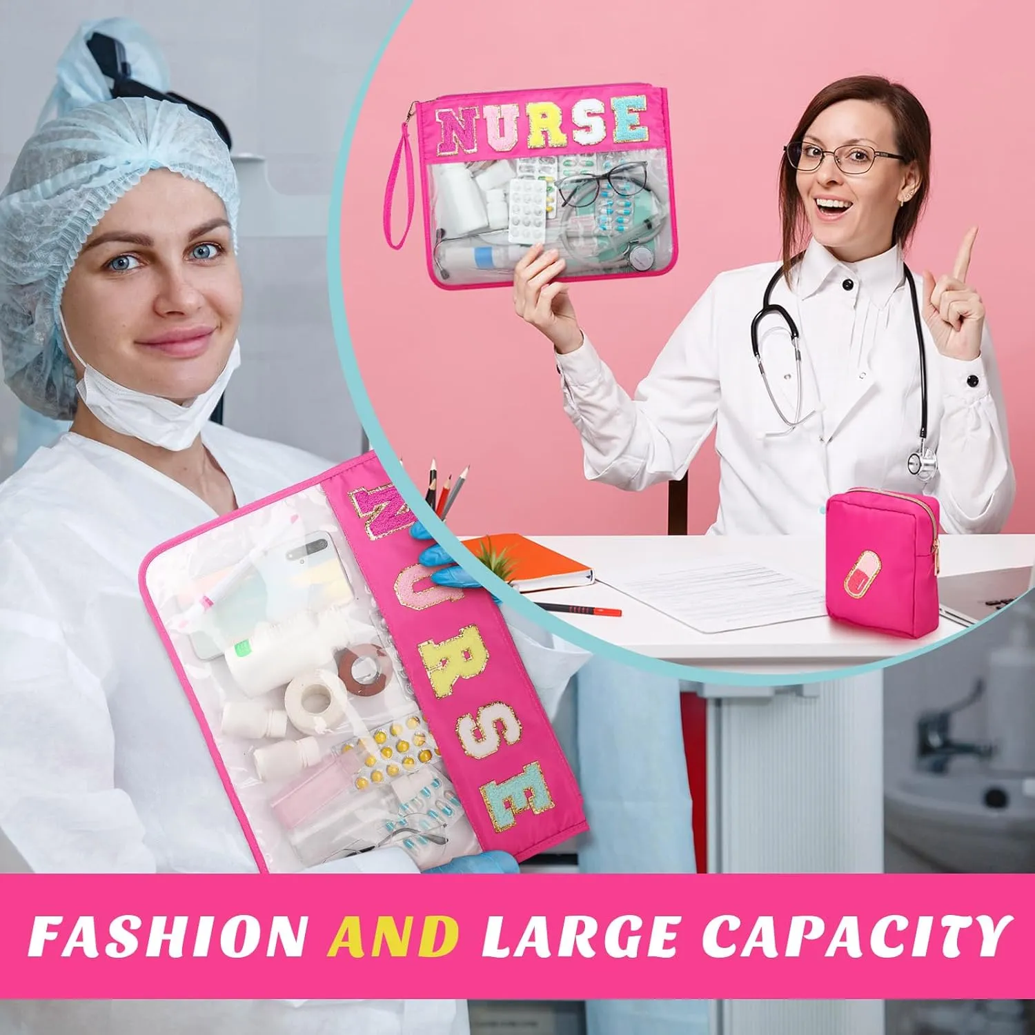 Hillban 2 Pcs Nurse Makeup Cosmetic Bag Nurse Appreciation Week Gift for Women Clear Chenille Letter Bag Toiletry Zipper Pouch Waterproof Travel Purse Survival Kit Storage Organizer Accessories