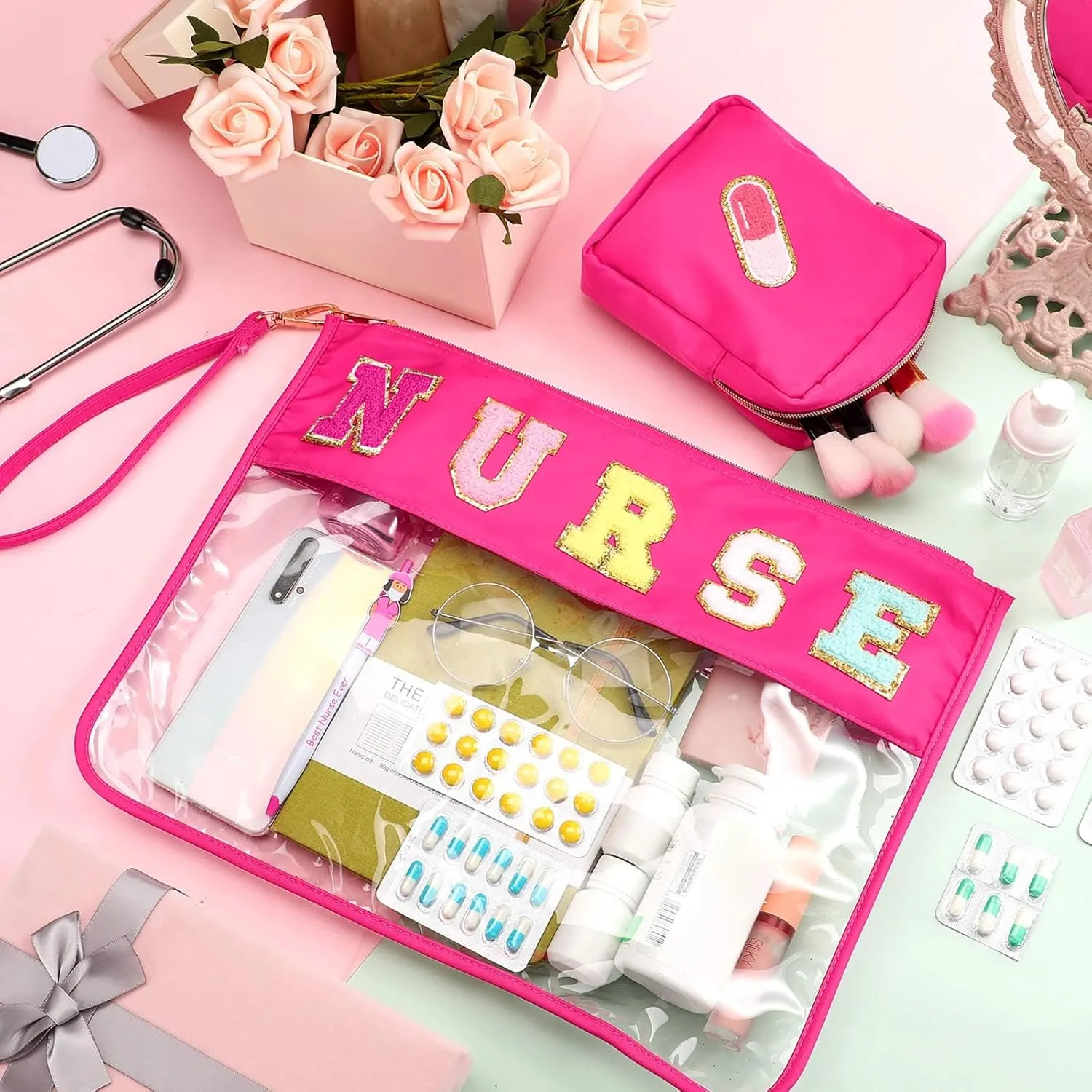 Hillban 2 Pcs Nurse Makeup Cosmetic Bag Nurse Appreciation Week Gift for Women Clear Chenille Letter Bag Toiletry Zipper Pouch Waterproof Travel Purse Survival Kit Storage Organizer Accessories