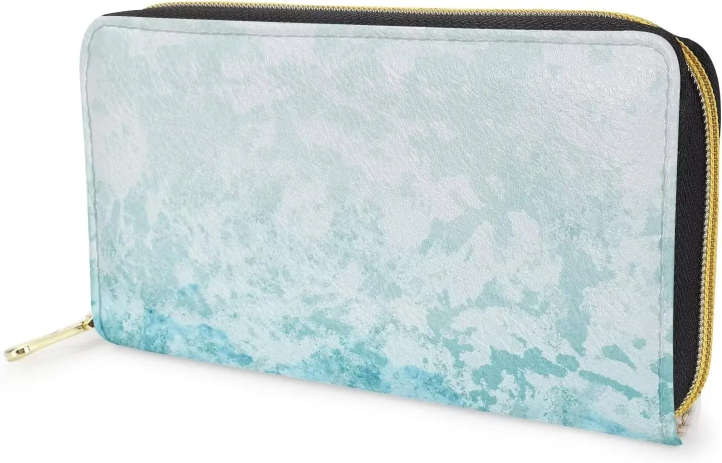 Howilath Blue & White Gradient Water Ripples Women Long Pu Leather Wallet with Credit Card Holder Coin Pockets Zip Around Clutch Slim Purse