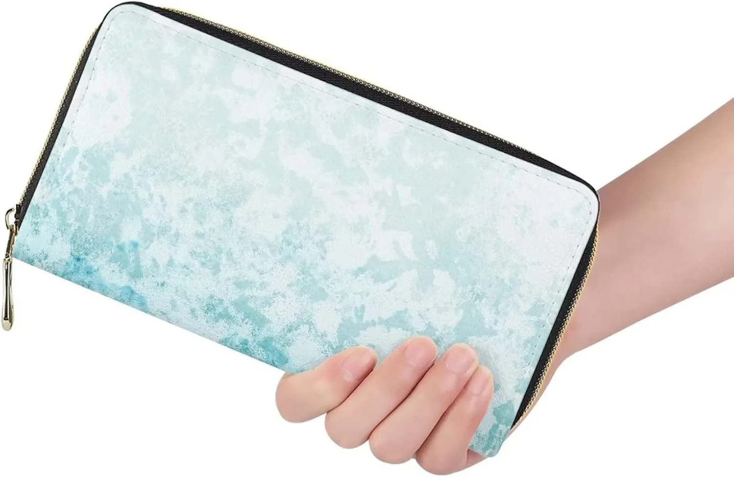 Howilath Blue & White Gradient Water Ripples Women Long Pu Leather Wallet with Credit Card Holder Coin Pockets Zip Around Clutch Slim Purse