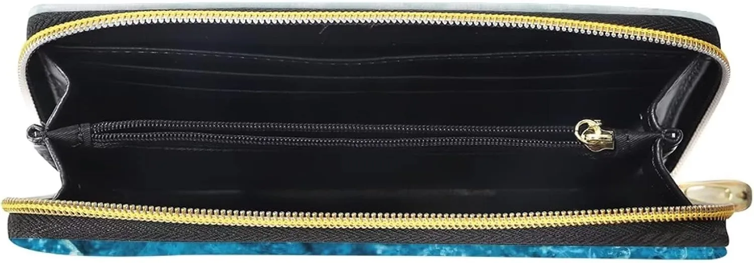 Howilath Blue & White Gradient Water Ripples Women Long Pu Leather Wallet with Credit Card Holder Coin Pockets Zip Around Clutch Slim Purse