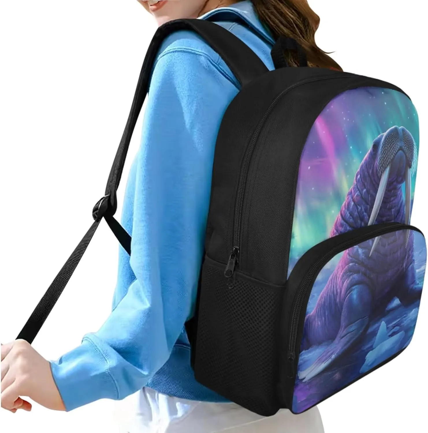 HUGS IDEA Aurora Walrus School Backpack for Kids Cool Boys Schoolbag Set with Lunch Box Pencil Case Large Capacity Elementary School Bookbag for 5Th Grade Large Book Bags for Boys