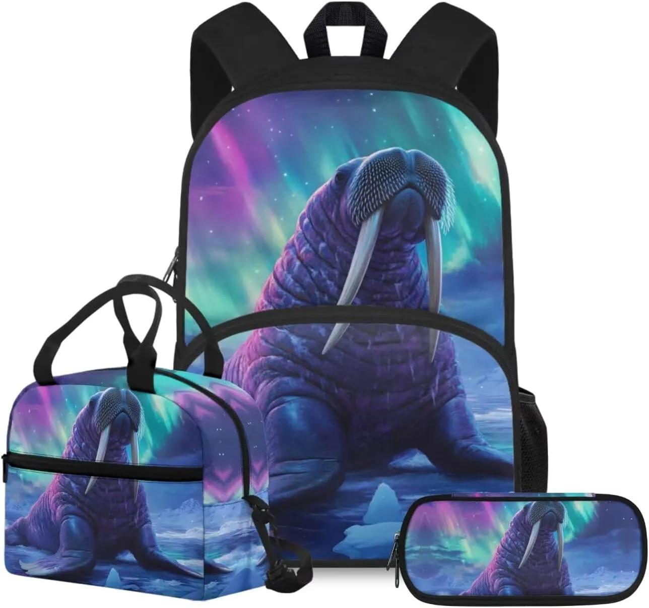 HUGS IDEA Aurora Walrus School Backpack for Kids Cool Boys Schoolbag Set with Lunch Box Pencil Case Large Capacity Elementary School Bookbag for 5Th Grade Large Book Bags for Boys