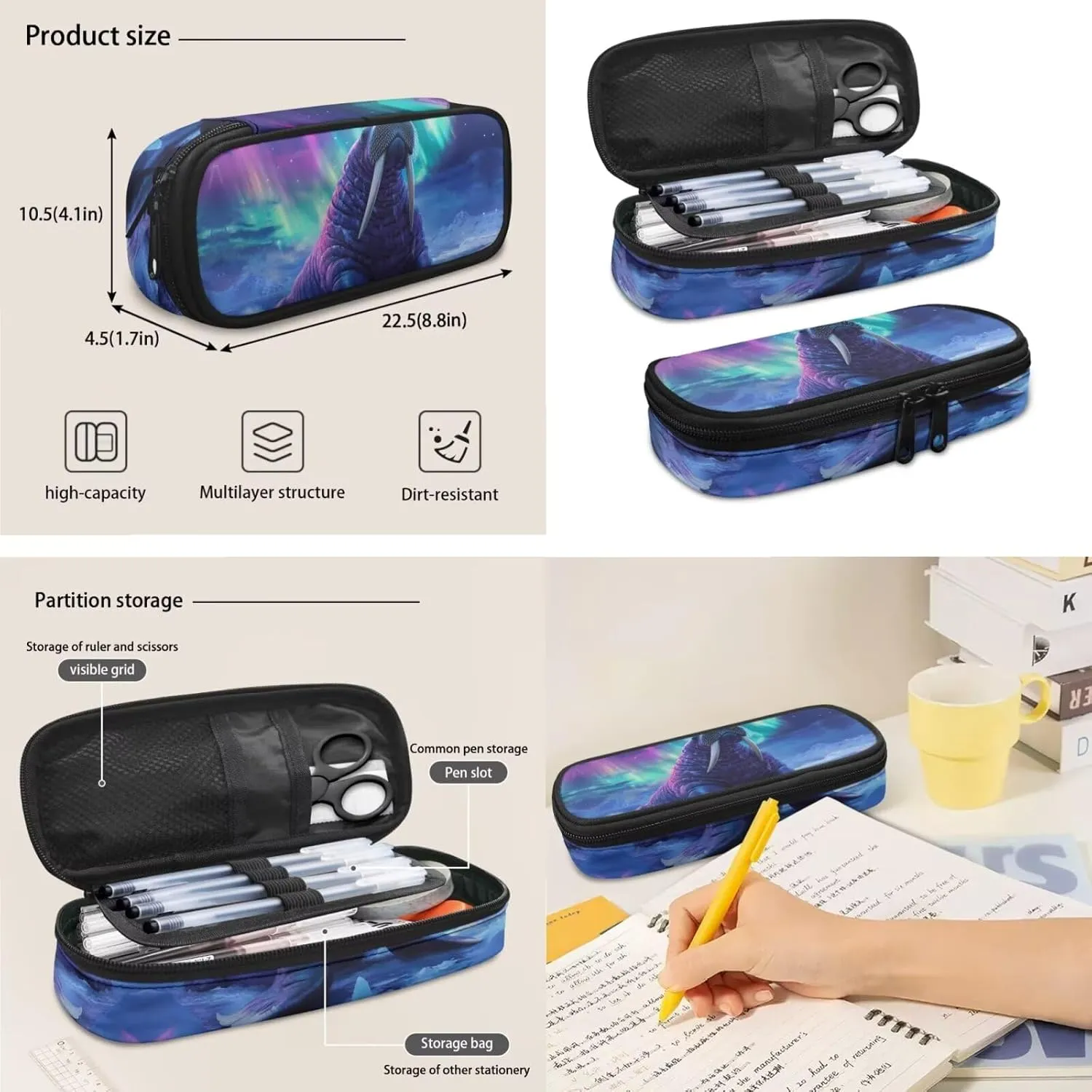 HUGS IDEA Aurora Walrus School Backpack for Kids Cool Boys Schoolbag Set with Lunch Box Pencil Case Large Capacity Elementary School Bookbag for 5Th Grade Large Book Bags for Boys