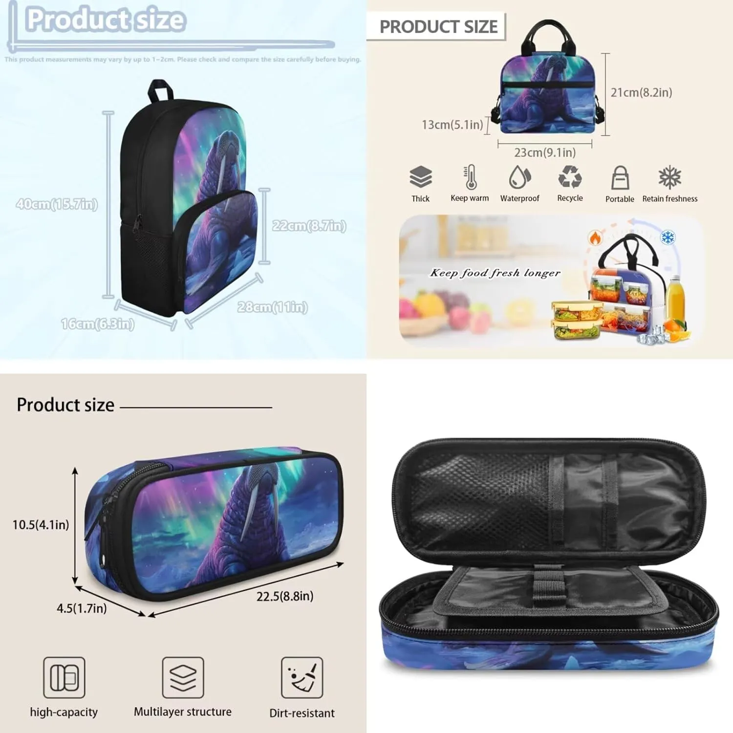 HUGS IDEA Aurora Walrus School Backpack for Kids Cool Boys Schoolbag Set with Lunch Box Pencil Case Large Capacity Elementary School Bookbag for 5Th Grade Large Book Bags for Boys