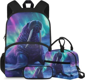 HUGS IDEA Aurora Walrus School Backpack for Kids Cool Boys Schoolbag Set with Lunch Box Pencil Case Large Capacity Elementary School Bookbag for 5Th Grade Large Book Bags for Boys