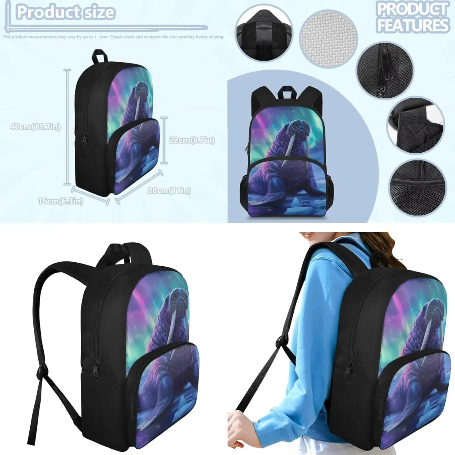 HUGS IDEA Aurora Walrus School Backpack for Kids Cool Boys Schoolbag Set with Lunch Box Pencil Case Large Capacity Elementary School Bookbag for 5Th Grade Large Book Bags for Boys