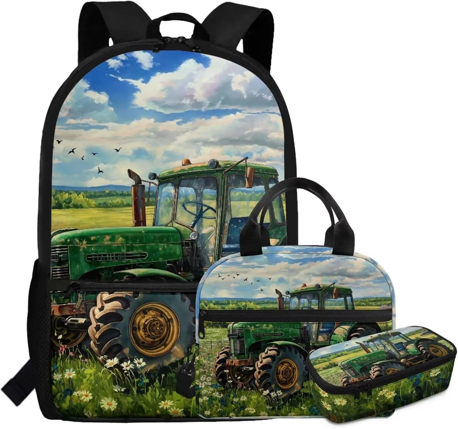 HUGS IDEA Cartoon Tractor Backpack for Kids Lightweight School Backpack for Boys 12-14 School Backpack with Lunch Box Lightweight School Bag for Boys Portable Lunch Bag for Students