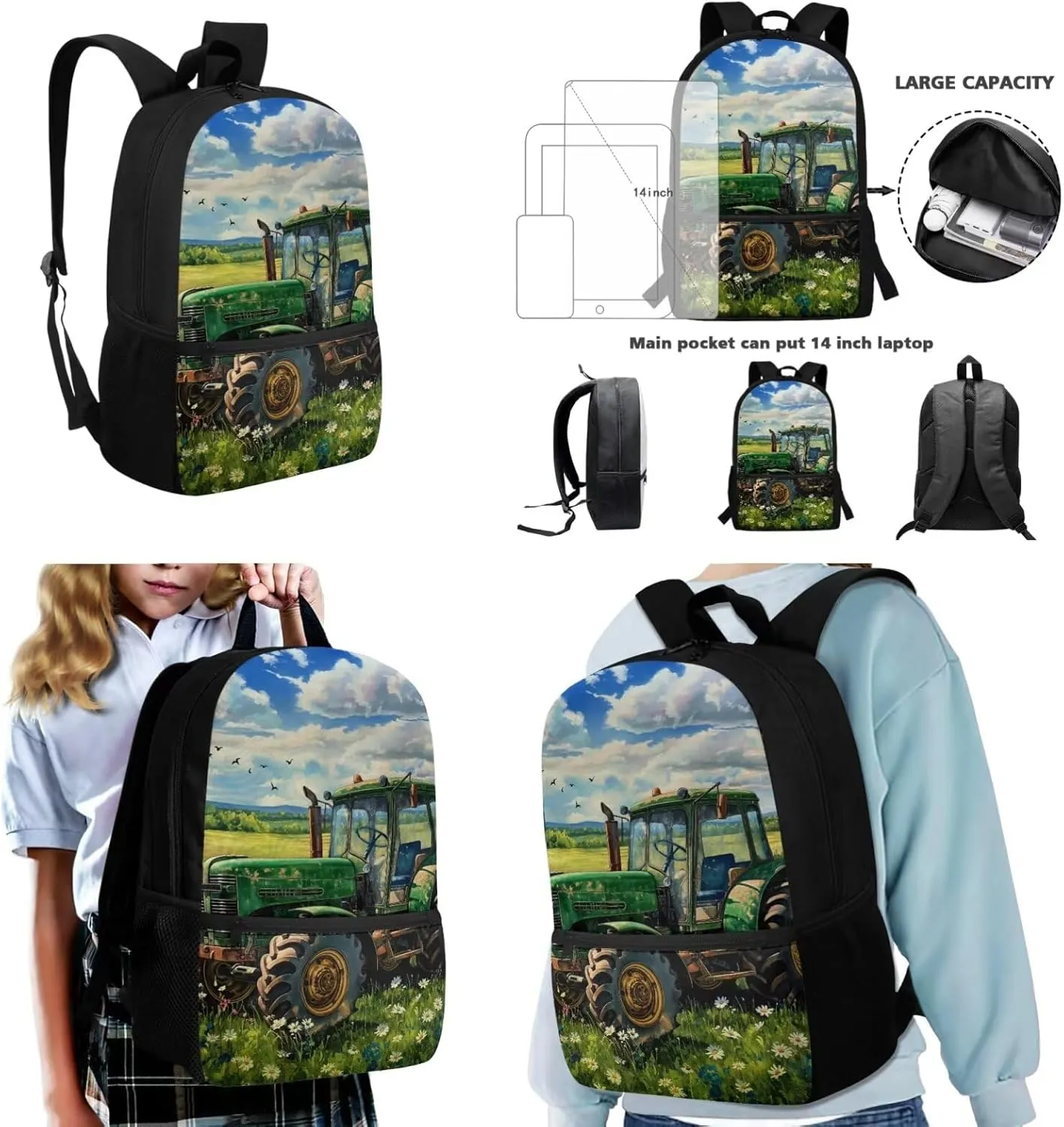 HUGS IDEA Cartoon Tractor Backpack for Kids Lightweight School Backpack for Boys 12-14 School Backpack with Lunch Box Lightweight School Bag for Boys Portable Lunch Bag for Students