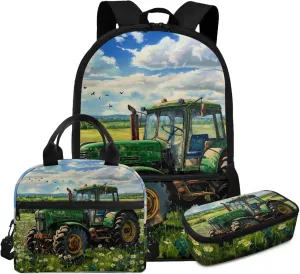 HUGS IDEA Cartoon Tractor Backpack for Kids Lightweight School Backpack for Boys 12-14 School Backpack with Lunch Box Lightweight School Bag for Boys Portable Lunch Bag for Students