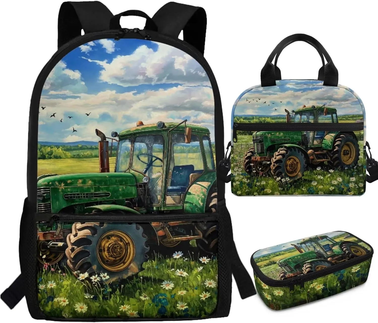 HUGS IDEA Cartoon Tractor Backpack for Kids Lightweight School Backpack for Boys 12-14 School Backpack with Lunch Box Lightweight School Bag for Boys Portable Lunch Bag for Students