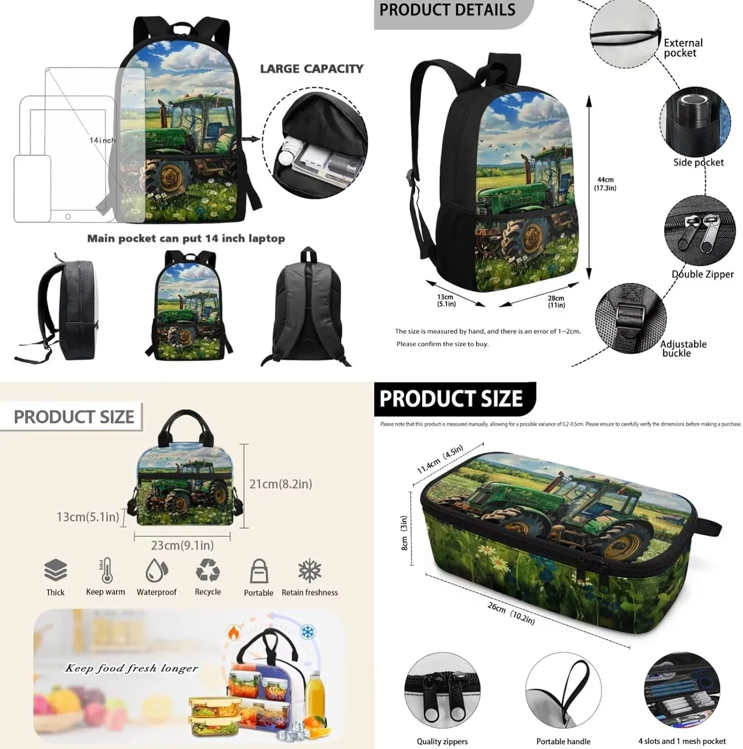 HUGS IDEA Cartoon Tractor Backpack for Kids Lightweight School Backpack for Boys 12-14 School Backpack with Lunch Box Lightweight School Bag for Boys Portable Lunch Bag for Students