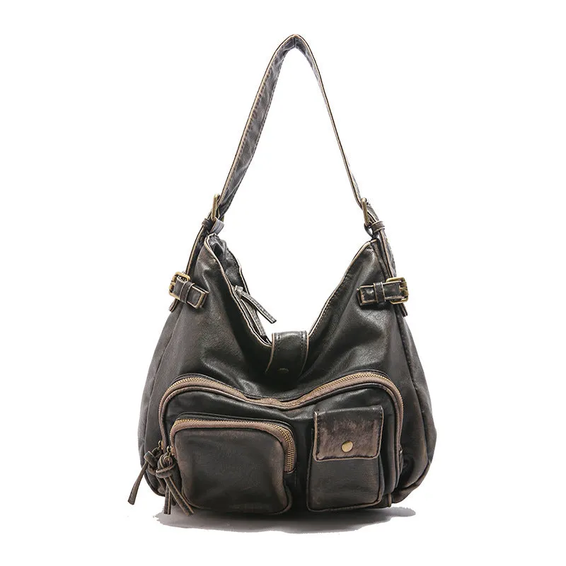 HULIANFU 2025 special for women's fashion washed leather whitened old locomotive bags multi-pocket  retro trend shoulder bags
