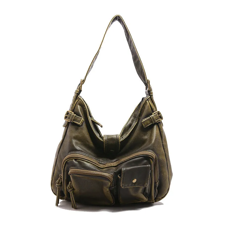 HULIANFU 2025 special for women's fashion washed leather whitened old locomotive bags multi-pocket  retro trend shoulder bags